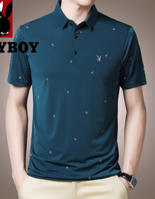 花花公子t恤男短袖夏季印花桑蚕丝半袖男装翻领宽松休闲衫潮流上衣