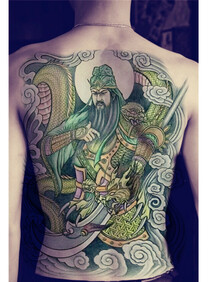 纹身贴仿真防水男大图满背关公踏龙假文身后背贴关羽后背大图二爷