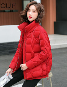 CUF 香港潮牌 红色羽绒服短款女装2021冬季新款时尚洋气轻薄立领显瘦白鸭绒保暖外套 红色 M