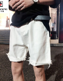 AEMAPE美国苹果牛仔短裤男夏季薄款新款韩版潮流宽松直筒百搭ins裤子 白色 S