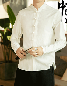 中山装衬衣圆领男士衬衫中国风复古民国风中式盘扣上衣男对襟长袖棉麻