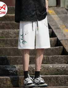 猫人（MiiOW）短裤男夏季新中式国风五分裤青少年印花冰丝垂感薄款五分短裤男 白色 L