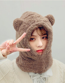 鲜卡 小熊护耳朵帽子女秋冬季可爱冬天毛绒围巾连帽一体韩版百搭保暖