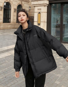 羽绒服女2021冬季新款潮学生韩版中款矮宽松立领小个子白鸭绒短款外套 黑色 M 90---120