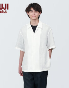 无印良品（MUJI）男式 细纱织苎麻 衬衫 男士短袖衬衣外套 BG1Q4C4S 白色 S 165/84A