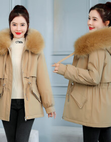 倩苒韩版2021冬季新款羊羔毛短款棉衣宽松派克服女棉服外套 卡其色 XL