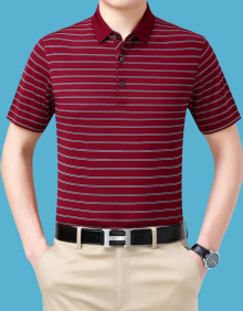 AEMAPE苹果短袖t恤男翻领条纹商务中年品牌男装夏天薄款亮面丝滑上衣 红色 轻薄 190