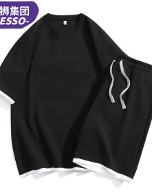 DESSO唐狮集团短袖T恤男半袖短裤套装休闲五分裤两件套夏季体恤休闲服 黑色 XL(120-140斤)