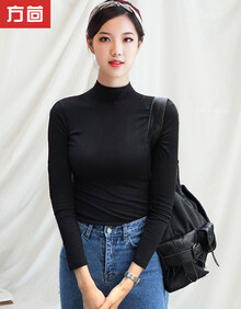方茴2019冬新款半高领长袖T恤女纯棉中领加绒加厚打底衫修身紧身纯色百搭上衣 黑色 L