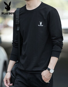 花花公子（PLAYBOY）长袖T恤男 2019秋季新款打底男装卫衣男士韩版国潮青少年学生外套上衣男 黑色 XL