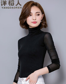 洋稻人秋冬新款高领打底衫女长袖百搭秋装上衣修身蕾丝T恤短款女装 黑色薄款 L