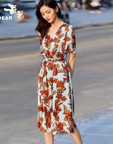 哥弟女装2020新款v领高腰短袖连衣裙a字裙优雅中长裙8500056 花卉 s(2