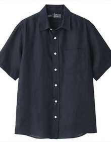 无印良品 MUJI 男式 亚麻水洗 短袖衬衫 海军蓝 M