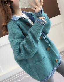筱筱柠檬 短外套女2019秋冬新款韩版牛仔拼接针织假两件开衫女宽松显瘦学院风时尚毛衣女大码针织衫外套 蓝色 M