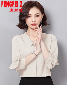 鳯妃妝 雪纺衫女长袖衬衫大码女装宽松显瘦七分袖2019春秋新款韩版V领雪纺打底上衣#9895 杏色 L