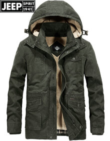 吉普(JEEP)冬装棉衣男加绒加厚中年爸爸装棉服冬季纯棉中长款保暖外套可脱卸内胆棉袄男装大码 军绿 3XL建议体重200斤左右