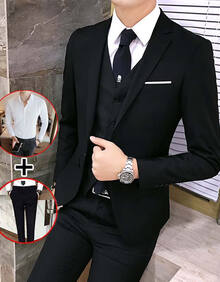 乐戈 西服男士三件套2019秋季新品韩版修身小西服套装男修身商务结婚礼宴会时尚小西装男装 一粒扣黑色 L