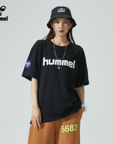 Hummel 夏季纯棉短袖T恤男女情侣装五分袖衣服宽松半袖重磅潮 黑色 M 