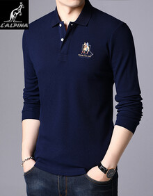袋鼠（L'ALPINA） 长袖t恤男纯棉秋季新款中青年男士翻领纯色半袖打底polo衫男体恤衫 藏青5616 XL/175