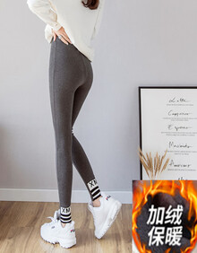 俏莎朵2019新品打底裤女外穿厚款休闲铅笔小脚裤大码加厚加纯棉高腰运动弹力紧身修身显瘦黑色裤子女 脚跟印花深灰加绒 L