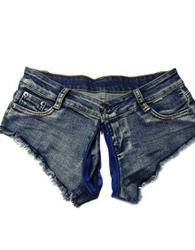 露出全拉链裤超短热裤女隐形拉链开裆短裤户外约会牛仔裤打野 做旧蓝