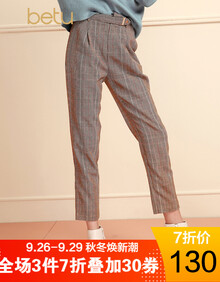 betu百图复古格子毛呢休闲裤女新款冬装修身显瘦长裤1811T99 咖格 S