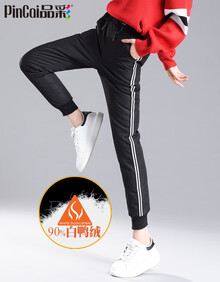 品彩羽绒裤女外穿中高腰修身显瘦加白鸭绒长裤百搭休闲加厚保暖裤子时尚侧边运动裤 黑色窄白边 L/28【建议100-110斤】