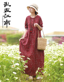 乱在江南民族风碎花棉麻连衣裙长袖2019秋季新品女装褶皱修身复古大摆长裙 红色 M