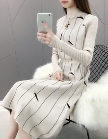 波菲熊针织连衣裙长袖2019秋冬装新款女装韩版中长款过膝时尚套装女毛衣女宽松收腰显瘦半高领打底裙子潮 米色 L