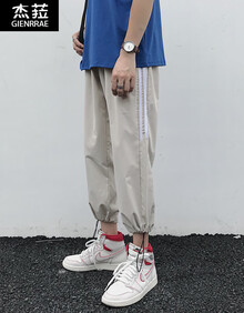 杰菈休闲裤男束脚裤2019新款夏季薄款工装裤男宽松韩版阔腿裤男士运动青年哈伦裤男九分直筒卫裤子 卡其色 L