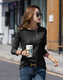 歌诺瑞丝t恤女长袖2019秋季新款女装竹节棉时尚宽松显瘦圆领百搭ins休闲减龄洋气打底衫女潮 6952#黑色 XL（建议115-135斤）