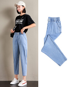 慕衣媛修身牛仔裤女秋冬季舒适宽松2019新品微弹哈伦裤女高腰显瘦女士显高休闲裤女九分裤子女松紧老爹裤 天丝浅蓝色9036 M