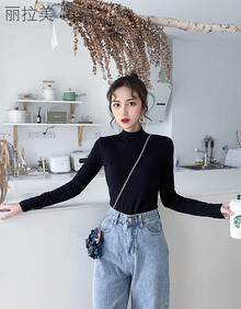 丽拉美（LiLaMei）半高领打底衫女长袖纯棉黑色T恤加绒加厚修身紧身上衣中领内搭冬 黑色【常规】 L
