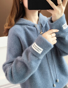 碁桐 针织衫女套头毛衣外套女2019秋冬季新款女装打底衫女士外套女韩版学生宽松外搭连帽卫衣女春秋款 雾霾蓝 M