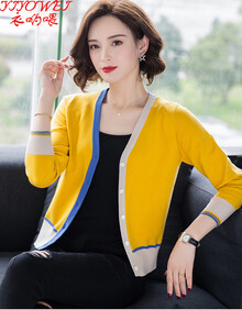 衣哟喂 针织衫女开衫防晒衣新品2019秋冬女装韩版时尚宽松休闲V领毛衣外搭披肩短款薄外套女Y9807 黄色 均码 适合80-130斤