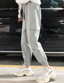 岚烨2019春夏韩版hiphop工装裤女宽松高腰百搭束脚哈伦裤学生运动九分裤 灰色 XL