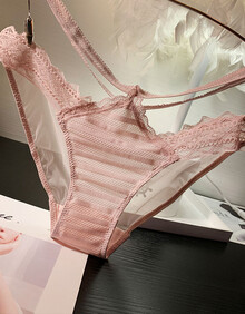 欧美风蕾丝内裤女绑带性感低腰女式内裤网纱镂空透明三角裤 粉色 m