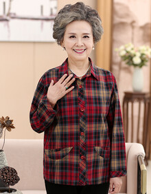 古莱登中老年人衬衫女长袖60-70-80岁奶奶装春秋装衬衣全棉老太太秋季格子上衣老人衣服女春秋新款 红色单上衣 3XL【建议120-135斤】