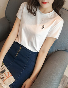 度凡尼斯短袖T恤女2019夏款纯棉修身小熊圆领t恤全棉简约百搭女生半袖上衣显瘦休闲白色打底衫 白色 小熊款 S