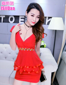 嘉斯嗒2019春夏新款女士夜场短裙制服诱惑包臀裙性感夜店连衣裙女装低胸修身足沐技师服 红色 均码