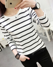方知有小衫女春秋装韩版条纹长袖短袖t恤女修身显瘦上衣女装大码秋衣女 圆领白色【长袖】 XL【115-125斤】