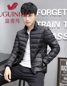 富贵鸟反季清仓轻薄款羽绒服男女情侣短款羽绒衣2019新品男士立领韩版修身连帽学生大码青年装保暖外套 黑色 XL