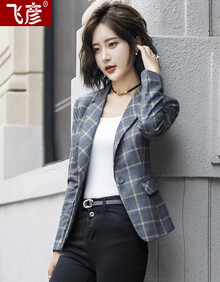 飞彦小西装女外套新品职业装女装套装修身显瘦休闲格子西服短外套韩版白领OL长袖大码女士短款上衣 灰网格单西装外套 XL