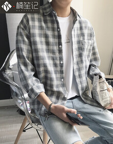 楠笙记 格子衬衫男潮牌男生寸衫港仔风日系文艺小青年宽松衬衣初中生褂子外搭小外套帅气男生旅行防晒衣 灰色款 XL码