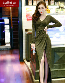 依谌逸试连衣裙2019新款秋冬性感V领长袖高开叉修身显瘦包臀连衣裙晚礼服长裙 长袖金色 L