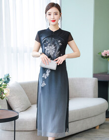 赛娣 真丝连衣裙女中长款改良旗袍裙妈妈装新品桑蚕丝裙中年女装古装唐装汉服下摆开叉 灰色 2XL