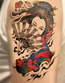 纹墨轩艺姬花臂美女大图防水纹身贴 扇子艺伎彩色个性逼真男女款大图