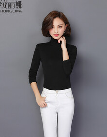 绒丽娜 打底衫女2019秋冬季新品长袖高领网纱蕾丝纯色T恤 黑色加绒 M