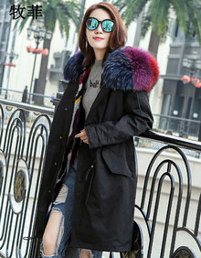 牧菲 派克服大衣女中长款皮草外套貉子毛大毛领水貂皮内胆 长款彩拼 L