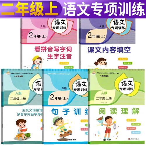套装5册 专项训练二年级上册 看拼音写字词生字注音 课文内容填空 阅读理解 句子训练 近义词反义词量词多音字同音字形近字专项突破训练封面